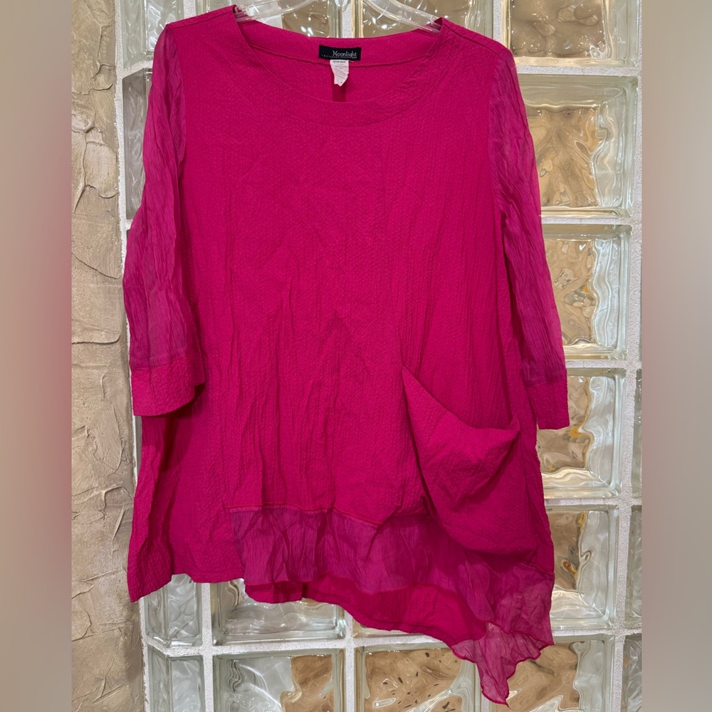 Pink Asymmetrical 3/4 Sleeve Tunic with Mandarin Collar